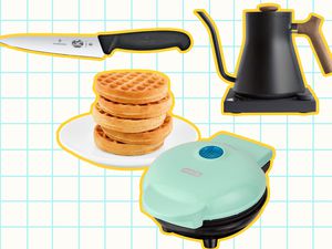 kitchen appliances including a kettle, kitchen knives, and mini waffle makers