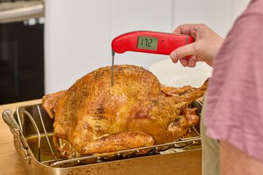 A person poking a meat thermometer into the breast of a fully-cooked Williams Sonoma Willie Bird Turkey