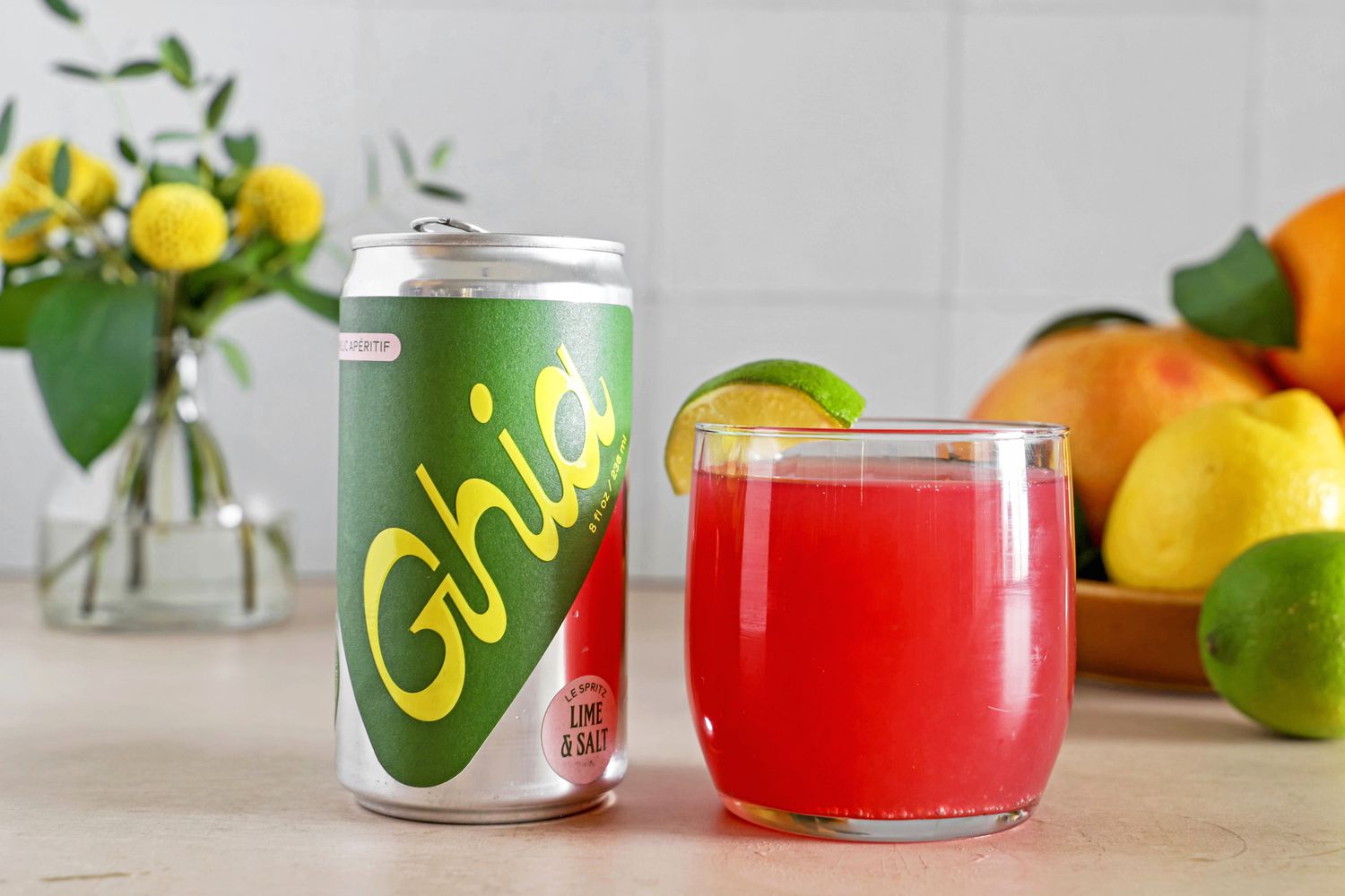 Ghia Lime & Salt Le Spritz in glass on counter