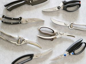 An assortment of poultry shears on a pale gray surface