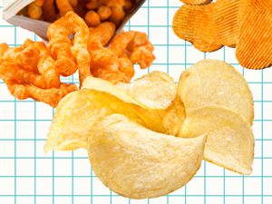 Image of plain potato chips, cheese curls, and ridged chips