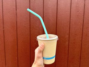 A to-go drink cup with a silicone reusable straw in it