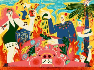 A colorful and dense illustration of a festive cuban pig roast in Miami