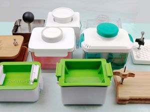 a collection of tofu presses on a green background