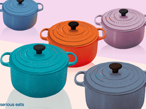 an illustration Le Creuset Dutch ovens of various colors